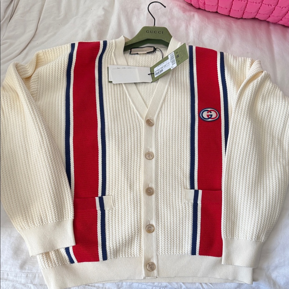 Gucci Ivory Cardigan with Red and Navy Accents Gucci 739962 style . Color 9189